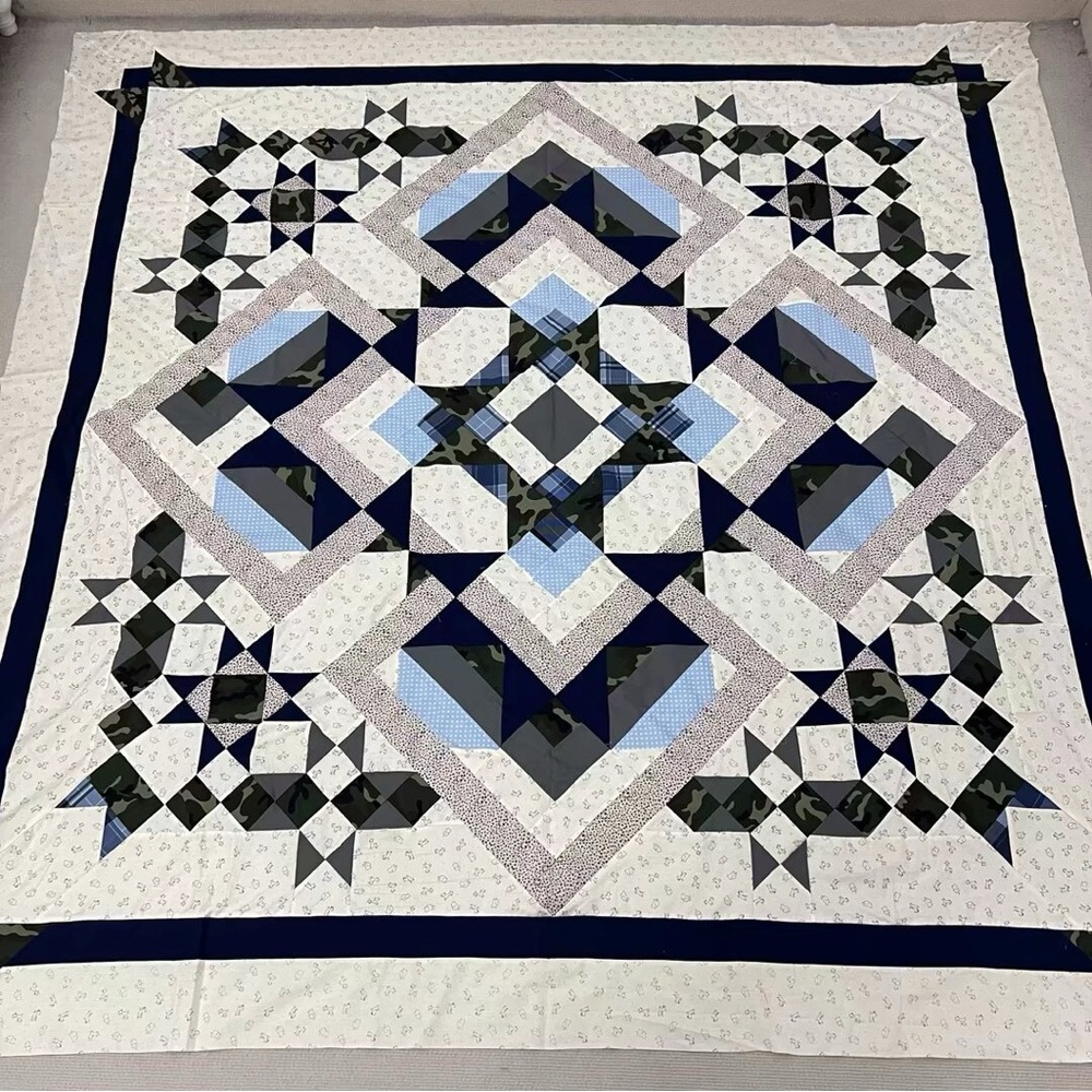 Handmade Blue Evermore Patchwork Cotton Quilt Top/Topper Machine pieced 86x86”